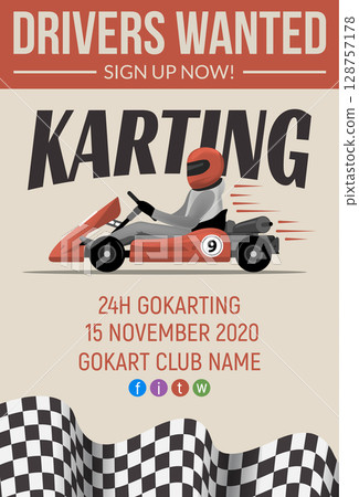 Go kart racing event poster with driver in helmet, red kart, checkered flag and bold text promoting 128757178