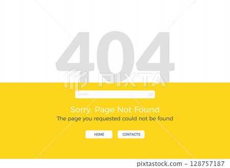 Modern 404 error page template with search bar and navigation buttons on yellow and white background Modern 404 error page template with search bar and navigation buttons on yellow and white background 128757187