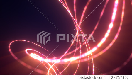 Bright pink and orange glowing lines twisting in smooth curves over a dark violet background 128757302