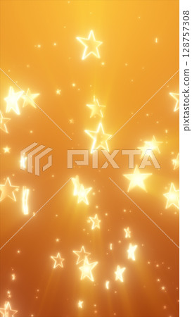 Floating glowing yellow stars scattered across a bright golden background with dreamy bokeh light effects 128757308