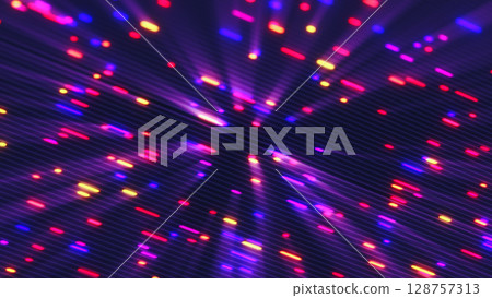 Abstract digital explosion of multicolored neon light particles with a dynamic burst effect on a dark background 128757313