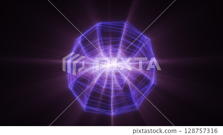 Glowing violet abstract sphere with bright neon geometric network, creating a vibrant futuristic energy structure 128757316