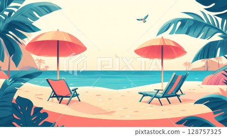 Landscape with beach and parasol Landscape with beach and parasol 128757325