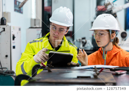 Robotic automatic technician team checking plan system of automation machine. Programming machinery welding robot in production at manufacturing industrial. 128757349
