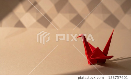 Earth Tone Geometric Pattern and Red Origami Cranes 128757401