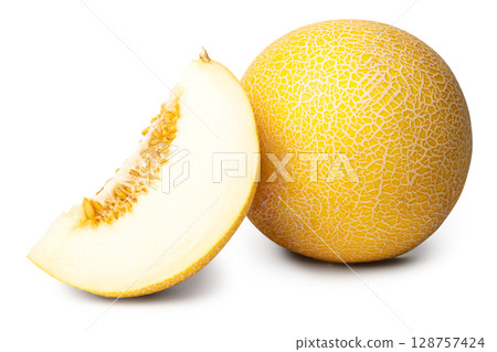 Photo of cut slice and whole round yellow ripe tasty natural organic melon isolated on white background 128757424