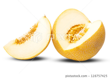 Photo of cut off slice of round yellow ripe tasty natural organic melon isolated on white background 128757425