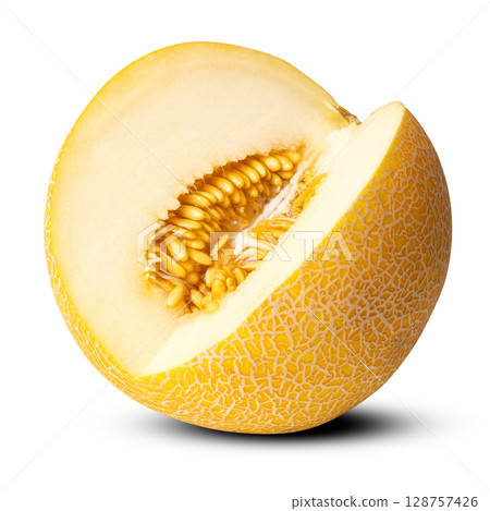 Photo of cut off slice of round yellow ripe tasty natural organic melon isolated on white background Photo of cut off slice of round yellow ripe tasty natural organic melon isolated on white background 128757426