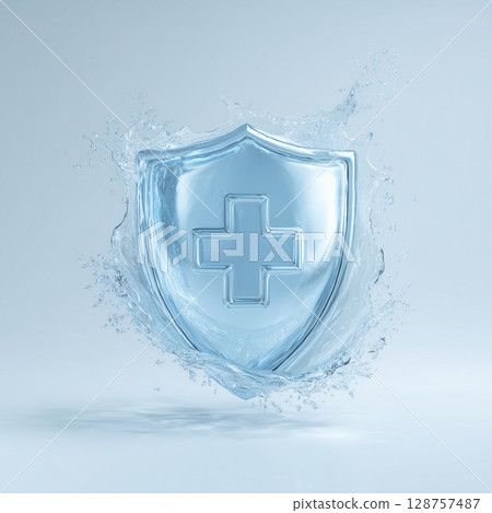 Crystal Clear 3D Water Shield with Medical Plus Symbol and Dynamic Droplets on White Background Crystal Clear 3D Water Shield with Medical Plus Symbol and Dynamic Droplets on White Background 128757487