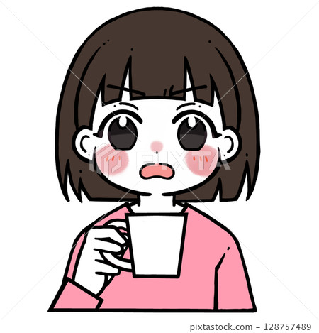 一位滿臉怒容的女孩拿著杯子的插圖 128757489