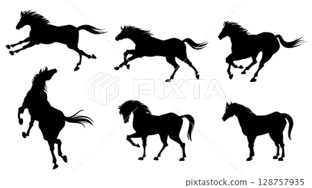 Horse silhouettes in various poses, material for New Year's cards for the Year of the Horse Horse silhouettes in various poses, material for New Year's cards for the Year of the Horse 128757935