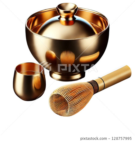 Golden tea ceremony set | Transparent background PNG | High resolution | 128757995