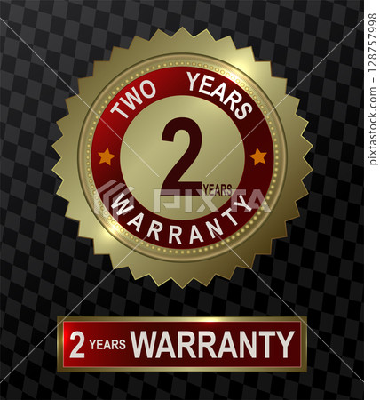 Round and rectangular emblems in gold color with the text two-year product warranty 128757998
