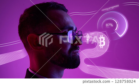 Profile view man with bitcoin mining interface on purple neon background 128758024