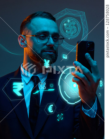 Businessman in suit checking phone with floating global currencies Businessman in suit checking phone with floating global currencies 128758028