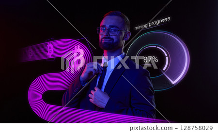 Businessman fixing tie with bitcoin mining progress indicator in purple neon 128758029