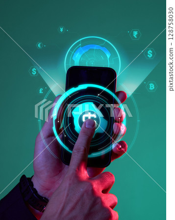 Male hand touching mobile screen with virtual currency dashboard 128758030