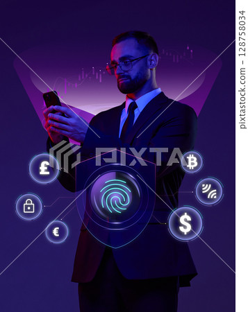 Businessman using phone with digital shield and currency icons around him, in purple neon lightning Businessman using phone with digital shield and currency icons around him, in purple neon lightning 128758034