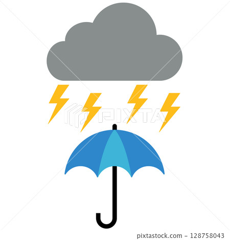 帶有雷雲和藍色雨傘的天氣圖標 帶有雷雲和藍色雨傘的天氣圖標 128758043