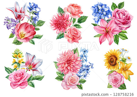 Watercolor floral bouquets set with roses tulips lilies dahlias sunflowers chamomiles and blue flowers botanical clipart 128758216