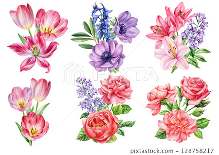 Watercolor floral bouquet set with tulips lilies roses anemones lilac peony spring flowers botanical clipart collection 128758217