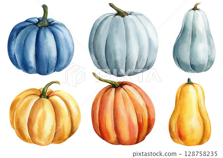 Watercolor pumpkins set in blue orange yellow shades for fall harvest clipart Thanksgiving kitchen and rustic decor 128758235