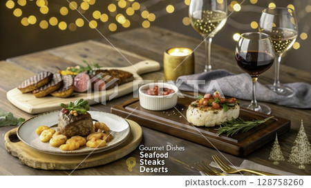 Elegant gourmet dishes featuring seafood, steaks, and desserts arranged on a beautifully set table during a festive celebration 128758260