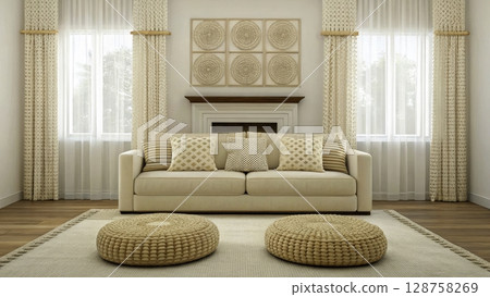 Elegant living room design with neutral tones and textured decor for a cozy atmosphere 128758269