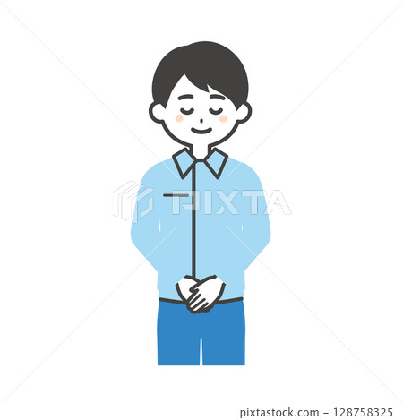 一名男子穿著工作服和西裝鞠躬的插圖 一名男子穿著工作服和西裝鞠躬的插圖 128758325