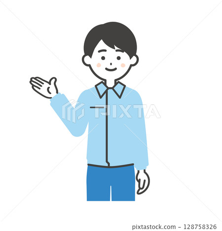 Illustration of a man wearing work clothes over a suit pointing with his hand 128758326
