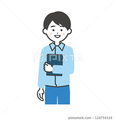 Illustration of a man wearing work clothes over a suit holding documents 128758328
