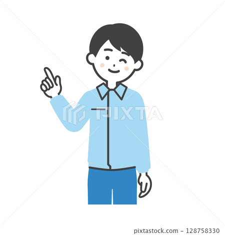 Illustration of a man wearing work clothes over a suit pointing and winking 128758330