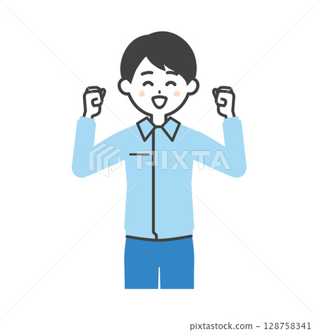 一名男子穿著工作服和西裝，大笑著，雙手握拳 128758341