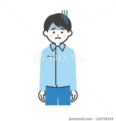 一名男子穿著工作服和西裝，表情陰沉的插圖 128758343