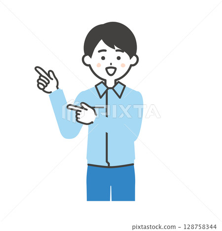 一名男子穿著工作服和西裝，雙手指向的插圖 128758344