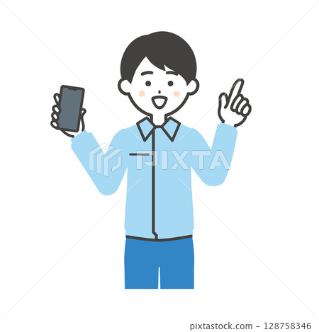 一名男子穿著工作服和西裝，手裡拿著智慧型手機並指著 128758346