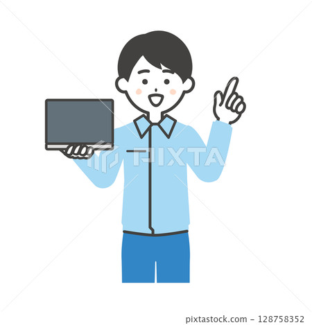 Illustration of a man wearing work clothes over a suit holding a laptop and pointing 128758352