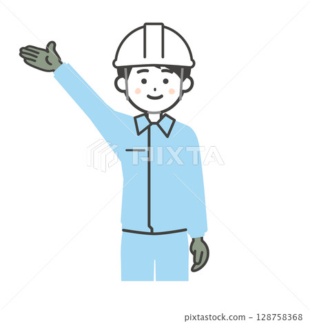 Illustration of a man wearing a helmet and work clothes pointing upwards 128758368
