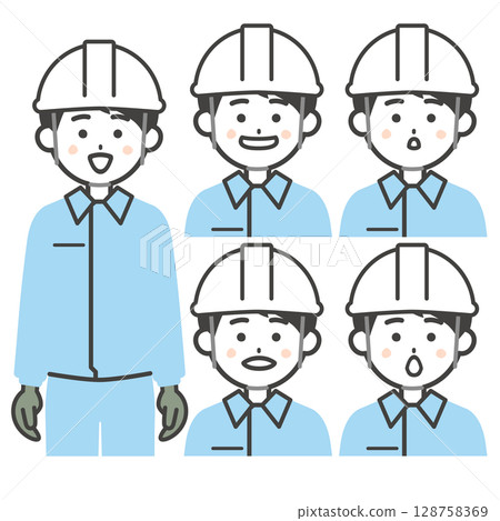 Illustration of a man wearing a helmet and work clothes with his mouth shaped like the Japanese alphabet 128758369