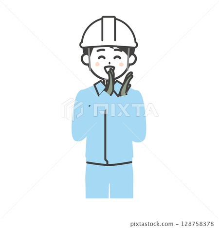 一位戴著頭盔、穿著工作服的男人微笑著鼓掌的插圖 128758378