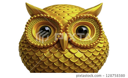 Bright yellow owl sculpture showcasing intricate textures and bold colors in a modern art setting 128758380