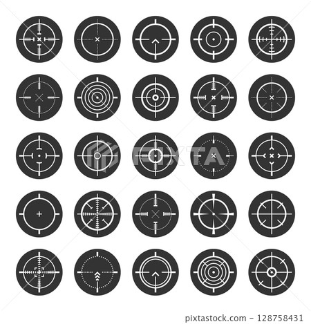 Round sniper rifle sights, weapon optical scope crosshair. Hunting gun viewfinder. Shooting mark symbol, aim. Military target sign. Game interface UI element. Vector illustration Round sniper rifle sights, weapon optical scope crosshair. Hunting gun viewfinder. Shooting mark symbol, aim. Military target sign. Game interface UI element. Vector illustration 128758431