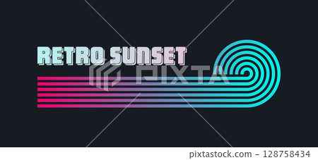 Vintage colorful sunset. Various gradient striped sunrise badges in 80s and 90s style. Sun and ocean view, summer vibes, surfing. Design element for print, logo or t-shirt. Vector illustration 128758434
