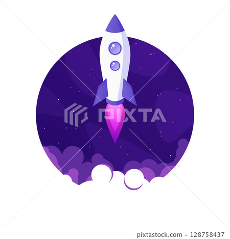 Rocket launch, space futuristic colorful background with planets and stars. Cartoon starship, spaceship in night sky. Solar system, galaxy and universe exploration. Vector illustration 128758437