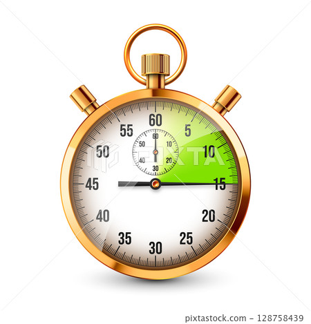 Realistic classic stopwatch. Shiny golden metal chronometer, time counter with dial. Green countdown timer showing minutes and seconds. Time measurement for sport, start, finish. Vector illustration Realistic classic stopwatch. Shiny golden metal chronometer, time counter with dial. Green countdown timer showing minutes and seconds. Time measurement for sport, start, finish. Vector illustration 128758439