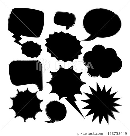 Grunge comic speech bubbles with brush strokes, ink smudges, acrylic stains or charcoal streaks. Hand drawn retro cartoon stickers. Chatting, message box. Vector illustration Grunge comic speech bubbles with brush strokes, ink smudges, acrylic stains or charcoal streaks. Hand drawn retro cartoon stickers. Chatting, message box. Vector illustration 128758449