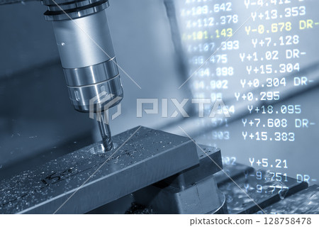 Abstract scene the CNC milling machine rough cutting the metal plate and G-code data background. Abstract scene the CNC milling machine rough cutting the metal plate and G-code data background. 128758478