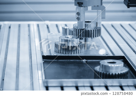 The high technology material handling process robotic system with metal gear parts in the blue tone. 128758480