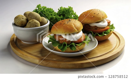 Delicious chicken burgers with fresh vegetables and side of potatoes served on a wooden platter in a bright setting Delicious chicken burgers with fresh vegetables and side of potatoes served on a wooden platter in a bright setting 128758512