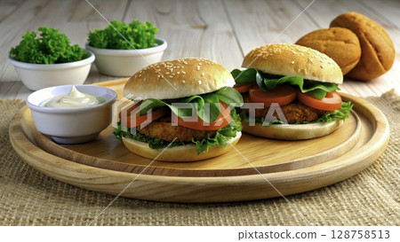 Freshly prepared vegetable burgers served on a wooden platter with lettuce, tomatoes, and sauces in a cozy kitchen setting Freshly prepared vegetable burgers served on a wooden platter with lettuce, tomatoes, and sauces in a cozy kitchen setting 128758513